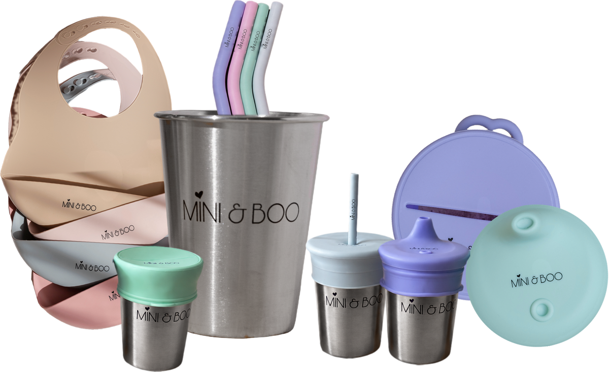 Mini & Boo stainless steel cups with lids, silicone straws and bibs