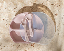 Load image into Gallery viewer, Mini and Boo silicone suction plate set with divided sections, silicone lid, spoon and fork – BPA-free toddler tableware with non-slip base