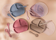 Load image into Gallery viewer, Mini and Boo silicone suction plate set with divided sections, silicone lid, spoon and fork – BPA-free toddler tableware with non-slip base