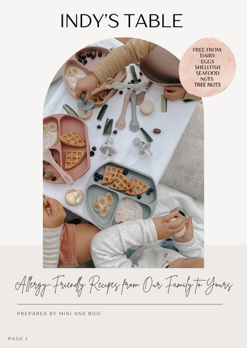 Mini and Boo Indy’s Table Allergy-Friendly Recipe Ebook – free downloadable collection of simple, wholesome lunchbox snacks for kids with dietary sensitivities, free from dairy, eggs, nuts, seafood, gluten, and refined sugar, includes allergy swap chart.