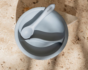 Mini and Boo silicone suction bowl set – divided section bowl with non-slip base and BPA-free silicone spoon, dishwasher safe toddler tableware.