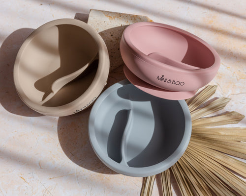 Mini and Boo silicone suction bowl set – divided section bowl with non-slip base and BPA-free silicone spoon, dishwasher safe toddler tableware.