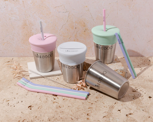 Mini and Boo Stainless Steel Sip & Snack Set (350 ml) – includes two stainless steel cups, silicone sip and snack lids, large bent and short straight silicone straws, and cleaning brush – reusable, BPA-free toddler mealtime set.