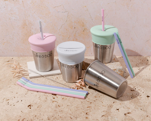 Mini and Boo Stainless Steel Sip & Snack Set (350 ml) – includes two stainless steel cups, silicone sip and snack lids, large bent and short straight silicone straws, and cleaning brush – reusable, BPA-free toddler mealtime set.